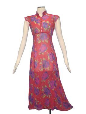 Cooperative Floral Sheer Chiffon Midi Dress Mandarin Collar Boho Cottagecore 2